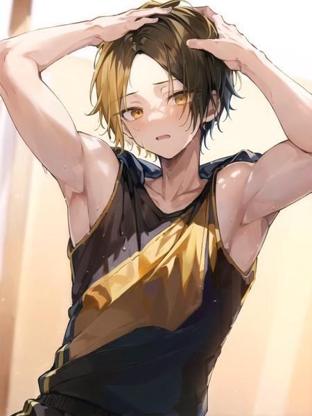 ((fully clothed))<lora:KenmaKozume:0.65> ,high res, masterpiece,Kenma Kozume, ((1boy,)) ((1man)), black_hair (blonde_hair) looking_to_the_side male_focus multicolored_hair short_hair solo sportswear sweat sweatdrop twitter_username tying_hair upper_body volleyball_uniform  yellow_eyes, detailed background, bright