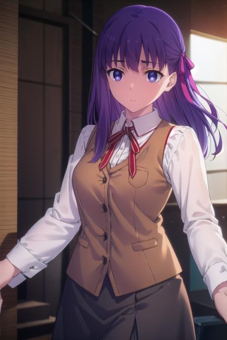 sakuramatou, <lora:sakura matou ubw-lora-nochekaiser:1>,
sakura matou, long hair, (purple eyes:1.1), purple hair, ribbon, hair ribbon, red ribbon,
BREAK shirt, white shirt, collared shirt, long sleeves, neckertie, red neckertie, vest, light brown vest, skirt, black skirt,
BREAK indoors,
BREAK looking at viewer, (cowboy shot:1.5),
BREAK <lyco:GoodHands-beta2:1>, (masterpiece:1.2), best quality, high resolution, unity 8k wallpaper, (illustration:0.8), (beautiful detailed eyes:1.6), extremely detailed face, perfect lighting, extremely detailed CG, (perfect hands, perfect anatomy),