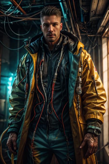 (realistic), (photorealistic), ((masterpiece)), ((best quality)), (detailed), cinematic, natural lighting, soft shadow, detailed background, photography, depth of field, intricate, detailed face, subsurface scattering, realistic eyes, muscular, manly, photo of a handsome (italian man), chem4rmor, wearing chempunk coat, tubes, cables, wires, (multicolor liquid), canister, dynamic pose, pants,