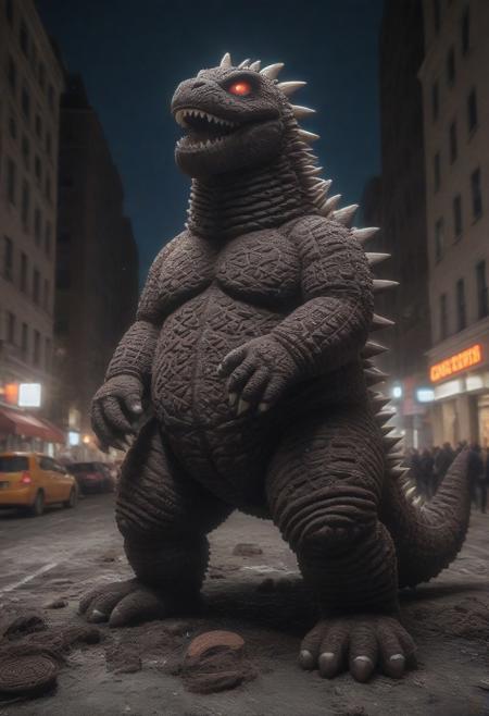 A gigantic Godzilla Monster made of creamy cookies stomping through New York City at night, destruction, debris
