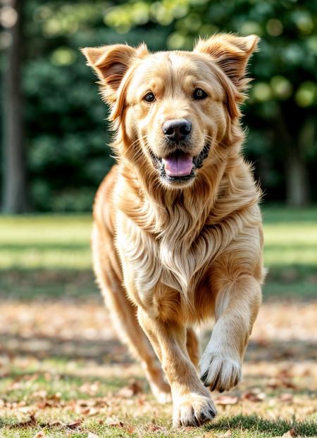 hyper realistic image of a golden retriever, running towards viewer very fast, motion blur, in a park, joy, happy, detailed face.