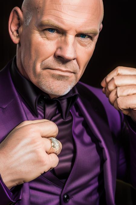 a handsome bald man, in a purple suit, golden rings on hands, on purple martian landscape, (close up), candid, amateur, (raw, 8k, uhd, fujifilm xt3), sharp, cinematic lighting,<lora:joshBrolin:1>