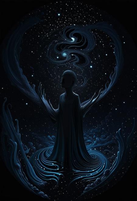 A hauntingly immersive feeling of aetheric melancholy swirls in depths of a cosmic void, where shadows converge in a symphony of obsidian hues. The main subject is a mysterious figure shrouded in darkness, exuding an aura of profound sorrow and enigmatic allure. This digital painting evokes a sense of otherworldly beauty, rendered with intricate details and rich textures that seem almost palpable. The transcendent quality of the image transports viewers to a realm of profound introspection and mystery.