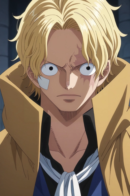 sabo_one_piece, blonde hair, black eyes, short hair, scar across eye bandaid on face goggles on headwear, top hat brown gloves, black headwear, white ascot, coat, blue shirt