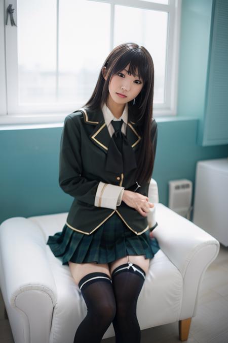 mikazuki yozora, 1girl, solo,cosplay,st. chronica academy school uniform,sidelocks, blazer, pleated skirt, plaid skirt, necktie, collared shirt,light brown shirt, wing collar,thighhighs, zettai ryouiki, hair ribbon, hair ornament,