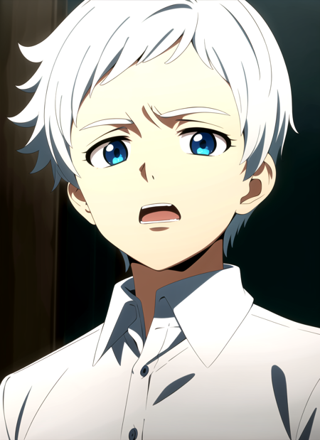 promisedNeverland <lora:promisedNeverland_offset:1>, masterpiece, best quality, 1boy, male focus, shirt, solo, collared shirt, white shirt, upper body, looking at viewer, open mouth, short hair, dark, blue eyes, white hair