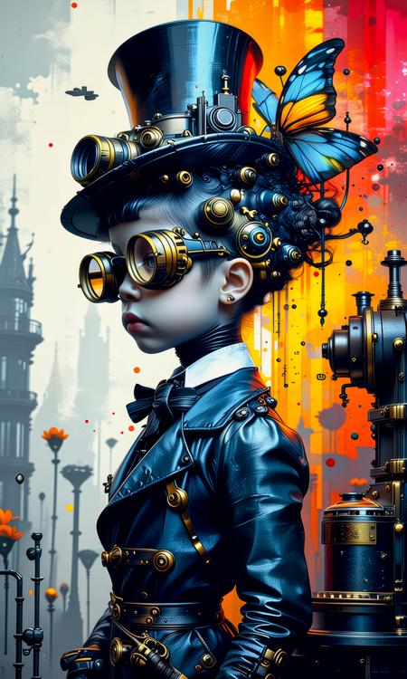ORIGINAL PROMPT: Crisp neo pop illustration, near monochromatic complementary colors scheme, whimsical surrealistic background.
A whimsical depiction of a precocious steampunker.
PRODUCTION PROMPT: Original prompt was used. <lora:cg_concept_style:0.64> <lora:dr_diffusion_negative-detail_enhancer_pnte_2_0:-0.42>
