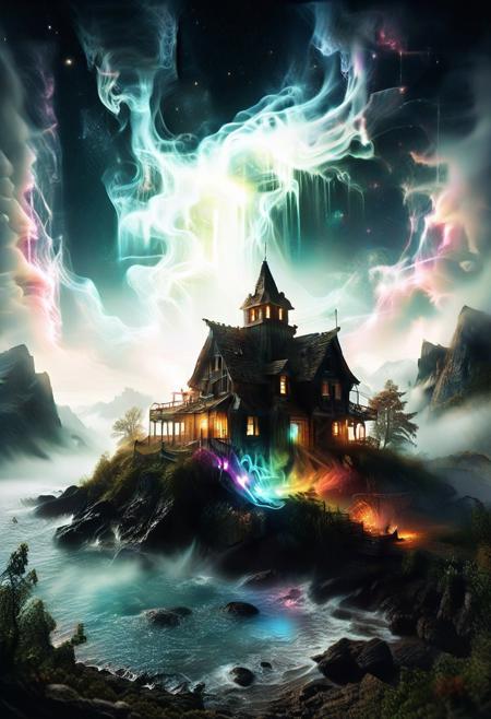 (by Ellen Jewett:1.5), (Bioluminescent Impressionism, The Dreamland), their peaks veiled in mist. mixed media, surrealism, great lighting, A surreal landscape highly detailed . extremely high-resolution details,  appears trapped in an optical illusion of reflections and refractions colorful , mountain cabin, professional photography, natural lighting, volumetric lighting maximalist. intricately detailed, complex, elegant, night, moon, meteor shower, expansive, fantastical, film photography style,  <lora:MJ52:0.3>  <lora:SDXLFaeTastic2400:0.4>  <lora:EpicF4nta5yXL:0.7>.ethereal landscapes, depth of field, biotech emotion:1.3) <lora:xl_more_art-full_v1:0.5> <lora:add-detail-xl:1> <lora:RMSDXL_Creative:2>, GhostlyStyle