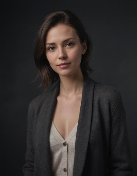 centered, portrait photo of 35 y.o woman, open jacket, sweater, natural skin, dark shot