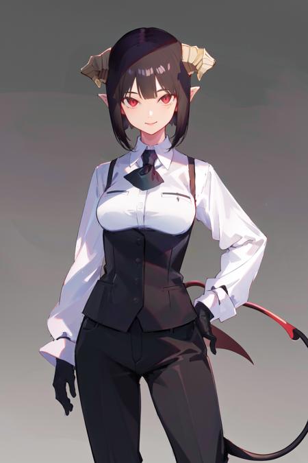 masterpiece, best quality, highres, 1girl horns short hair demon tail, white shirt black ascot black gloves black pants black vest <lora:goumon_torture:1> hand on hip, smile, simple background