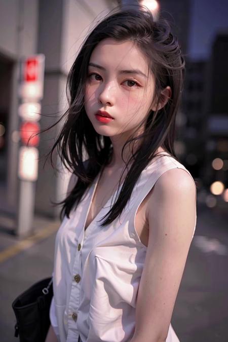 1girl, Tokyo street,night, cityscape,city lights,upper body,close-up,<lora:sd-No.168-000014:0.7>, 8k, RAW photo, best quality, masterpiece,realistic, photo-realistic,