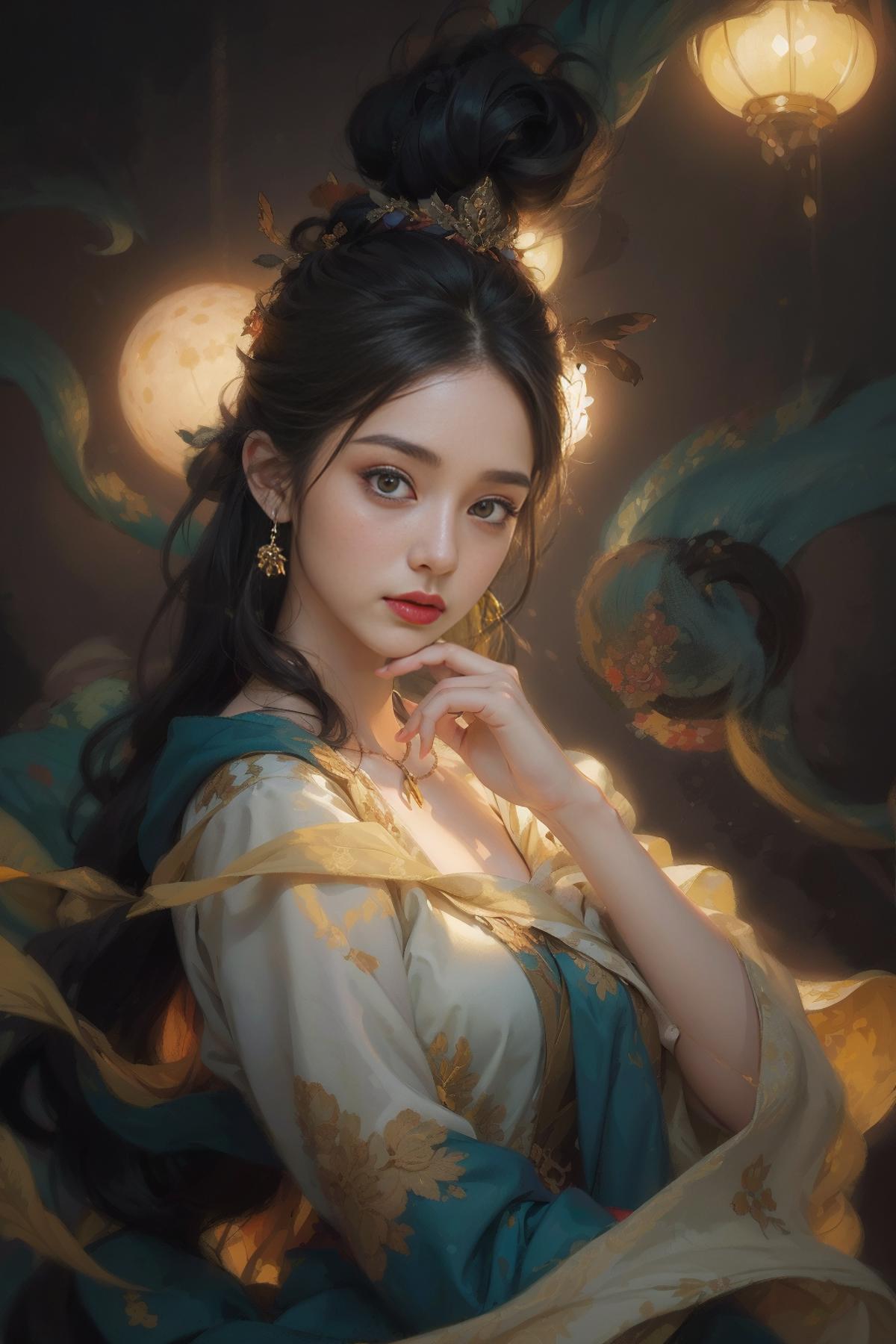 A beautifully detailed painting of a woman in a blue dress holding her chin.