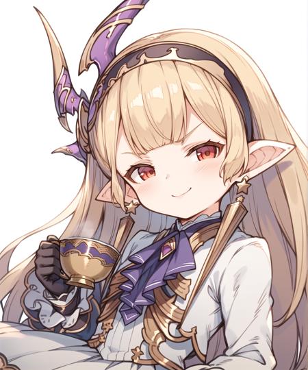 maglielle (granblue fantasy), harvin, shortstack, blonde hair, long hair, bangs, pointy ears, red eyes, hair ornament, hairband, earrings, white dress, puffy long sleeves, sleeves past wrists, jewelry, ascot, black gloves, white pantyhose, striped pantyhose, shoes