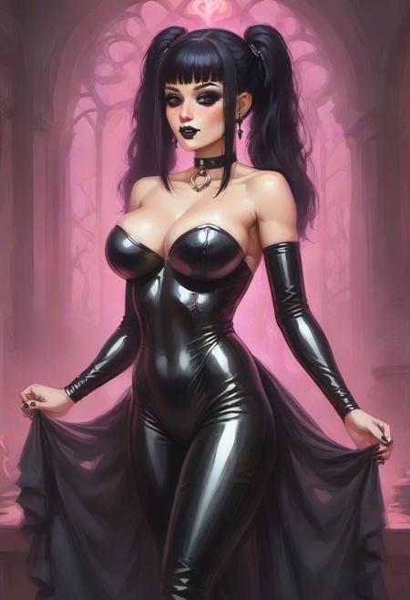 thick gothic women with incredibly massive bodybuilder arms in latex dress