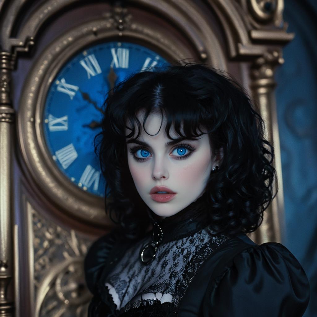 <lora:90s_Indie_MovieSDXL:1> ArsMovieStill, movie still from a 1990s indie movie, The image shows a woman in a black dress standing next to a clock with a blurred background., 1girl, black hair, solo, clock, blue eyes, gothic, looking at viewer, curly hair, parted lips, lips