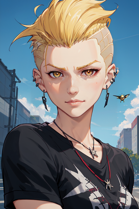 1girl, solo, gold eyes, ((blonde hair, SuperShortHair:1.5)), yellow eyes, detailed eyes, extremely short hair:1.5, short sleeves, closed mouth, smirk, large breasts, covered, black shirt, necklace, outdoors, sitting, looking at viewer, portrait, stud earrings, colored scelera, black sclera, zoom out, lesbian vibes, soft features