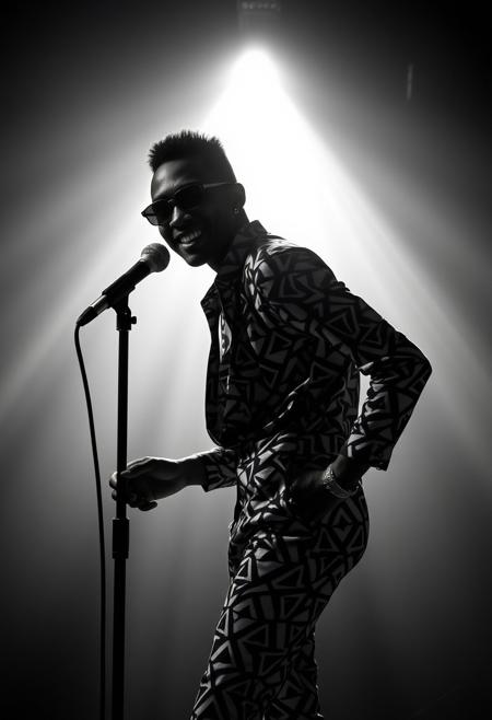 A sharply lit, high-contrast portrait of a musician in a bold patterned outfit, their silhouette sculpted with sleek rendering, but their pose and expression capturing the candid joy of a  photograph.
high-contrast cinematic lighting blending with spontaneous documentary portraiture, dynamic stylized figures with expressive realism, bold graphic compositions infused with geometric patterned backdrops, raw yet elegant storytelling, deep black-and-white contrasts with painterly texture