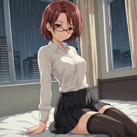 AdultTomoe, glasses, short hair, brown hair, earrings, brown eyes red beret, hat, bare shoulders, crop top, cleavage cutout, jacket, black skirt, pantyhose SchoolT0moe, glasses, short hair, brown eyes brown hair red hair school uniform, brown serafuku, black skirt, pleated skirt, black thighhighs white shirt