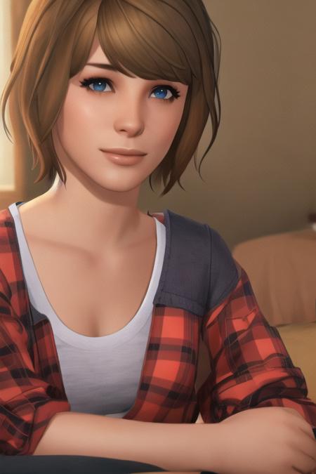 portrait of maxcaulfield ,solo, shirt, brown hair, short hair, realistic, upper body, plaid shirt, striped shirt, lips, plaid, blue eyes, nose, red shirt, bangs, open clothes, laying in bed