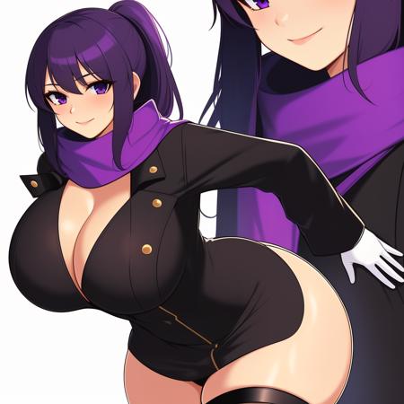 (masterpiece, best quality:1.3), ProbablyNoon, (1girl, solo:1.2), looking at viewer, (perfect anatomy:1.3), seductive smile, closed mouth, simple background, white background, wide hips, large breasts, mature female, thick thighs, (zoom layer:1.2), purple hair, purple eyes, long hair, purple scarf, ponytail, gloves, scarf, thigh strap, dress, black gloves, long sleeves, coat, black coat  <lora:ProbablyNoon Style Lora:.85>