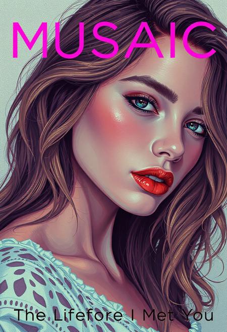 high quality design aesthetics, synth pop, detailed, pop album cover, beautiful young white woman, artist name "Musaic", album title "The Life Before I Met You"