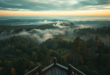 mist, a wide vista, forests and vast open grasslands, medieval, D&D, real photo, 4k, high contrast, vibrant colours, movie still, pre-dawn, rich colours, view from the top of a wooden watchtower looking out