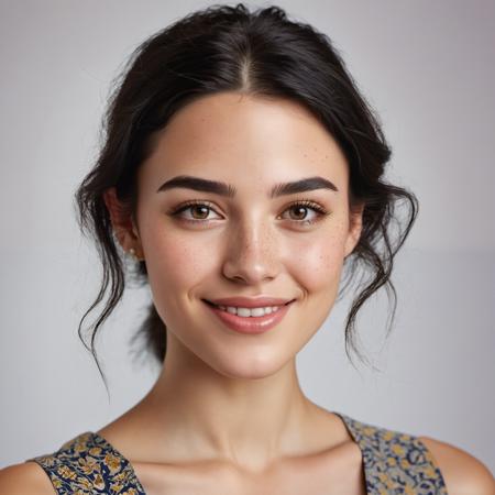 Compose a hyper-realistic portrait, focusing on the head and shoulders of a young woman with sleek, black hair. Her face features just a few delicate freckles, with a detailed emphasis on the realistic patterns of her irises and the texture of her lips, curved in a broad, genuine smile. The portrait captures the essence of her joyful expression against a subtly blurred background, ensuring a lifelike and authentic depiction.