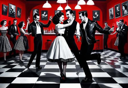 Realistic Expressionism. Surrealism. 
A group of vampires in 1950s attire are dancing at a sock hop. The lighting is dim and the color scheme is mostly black and white with pops of red. The vampires are wearing leather jackets, poodle skirts, and saddle shoes. The dance floor is checkered and the walls are adorned with posters of classic horror movies. The vampires are having a great time, but their eyes are glowing red and their fangs are showing