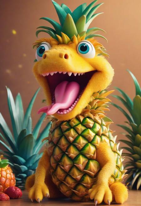 pineapple with dinosaur appearance, friendly, cute, sticks out her tongue and smiles, amused and pleased,, bright colors, intricate details, masterpiece, 4k, raw, friendly, cute, sticks out her tongue and smiles, amused and pleased, muppets style, bright colors, intricate details, masterpiece, 4k, raw,