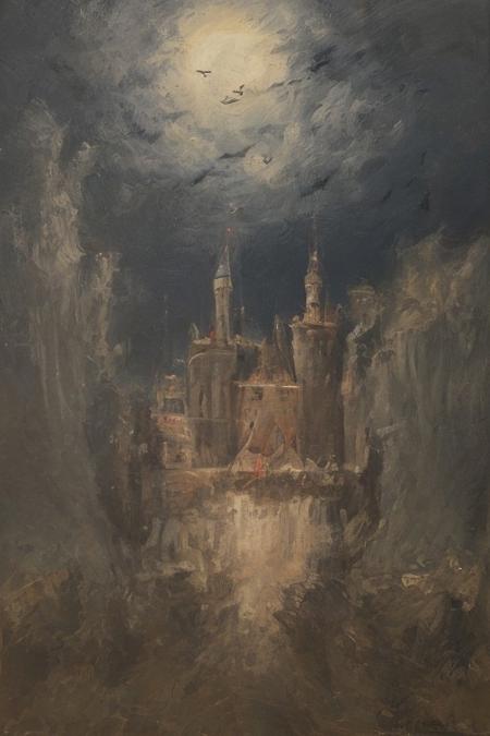 oil painting, of a castle on a cliff, forest, night, a flock of bats flying in the dark sky, reddish moon, clouds tainted red, dark theme, still life, shadows, haunted castle