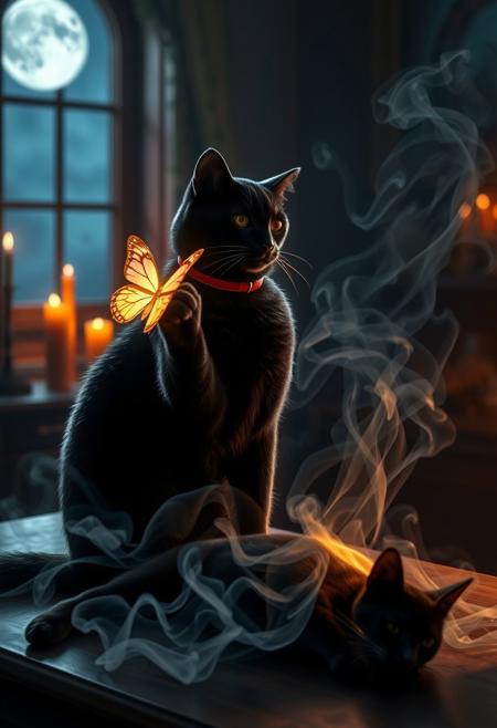 A mesmerizing image of smoke lit with a heavenly light elegantly forming a lifelike cat silhouette reaching its paw out to touch a glowing translucent ethereal butterfly with a beautiful light shining from within, the smoke cat silhouette is sitting on a table next to the body of a black cat with a red collar. The intricate details and vibrant colors of the cat, along with the perfect balance of smoke density and airiness, create an incredible visual effect. The background reveals a mystical or enchanted setting, possibly a dimly lit room with candles, a burning incense, and a moonlit sky. The combination of photo, illustration, 3D render, and painting techniques make this piece a true masterpiece., 3d render, photo, painting, vibrant, illustration.