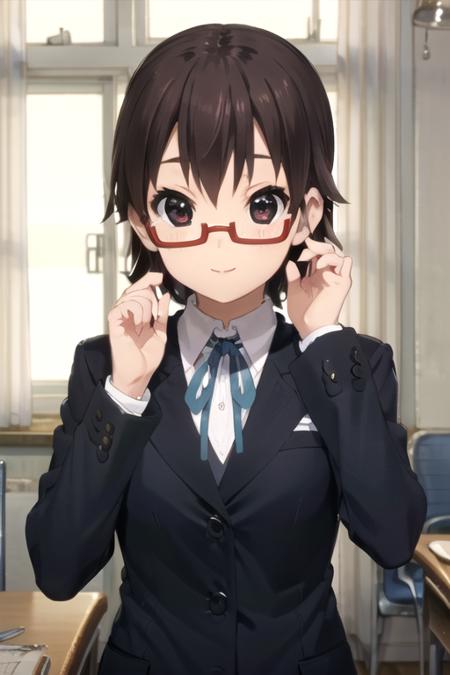 (((picture perfect))), 1girl, solo, <lora:nodoka-kon:0.8>, nodoka manabe, school uniform, jacket, looking at viewer, smile, adjusting glasses