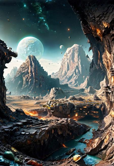 space fortress orbiting an asteroid belt