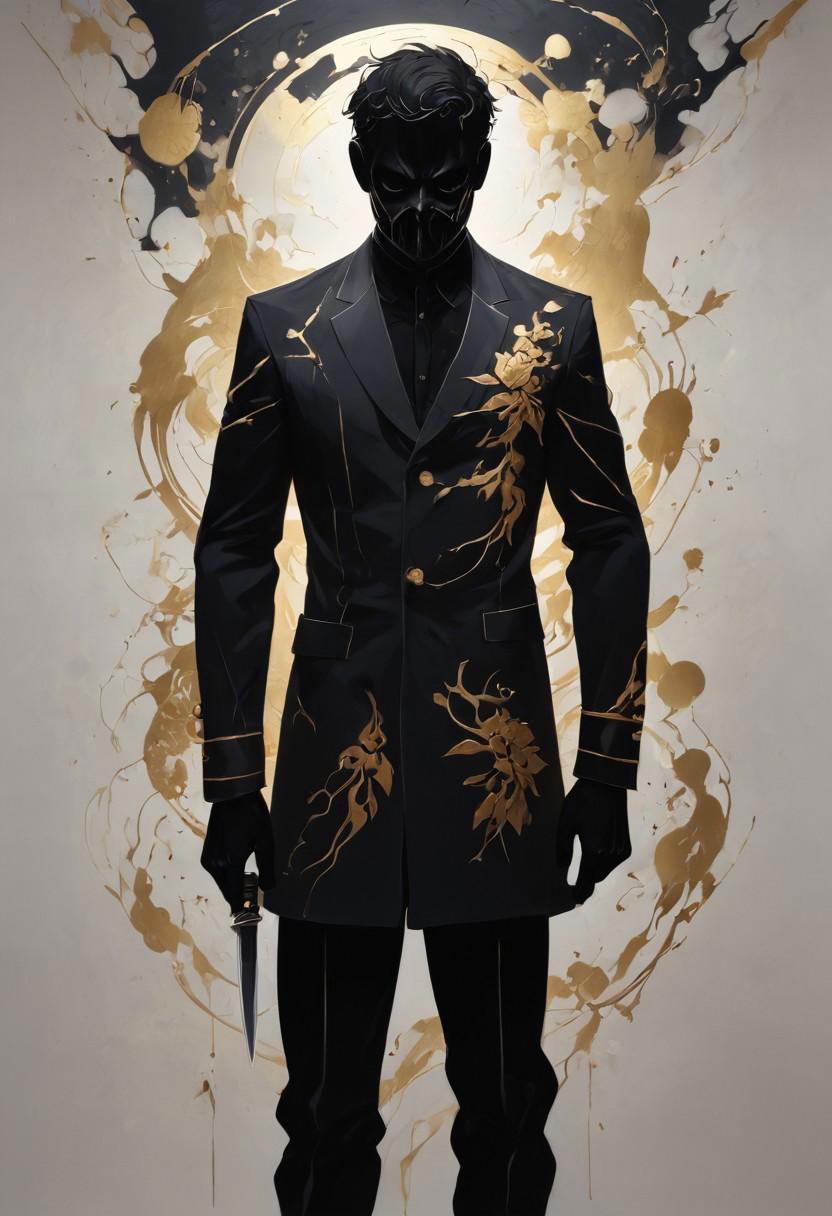 A Graphic illustration, A handsome 30-year-old man, pure black clothes, Wearing a black monster mask covering the lower half of the face, holding a delicate, short knife, Dive, battle stance, epic ink bending shot, style of Qi baishi and kazuki oekaki, Simple and clear lines, rich detail, flat illustration, vector art, plain white background, high quality, ral-chrosc-clr, silhouette_with_gold_foil, easynegative, bad_pictures