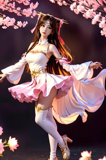 <lora:diaochan:1>, <pink skirt>,diaochan, petal skirt, 1girl, solo, long hair, high heels, brown hair, thighhighs, dress, detached sleeves, flower, realistic, brown eyes, hair ornament, bare shoulders, wide sleeves, flower hairpin