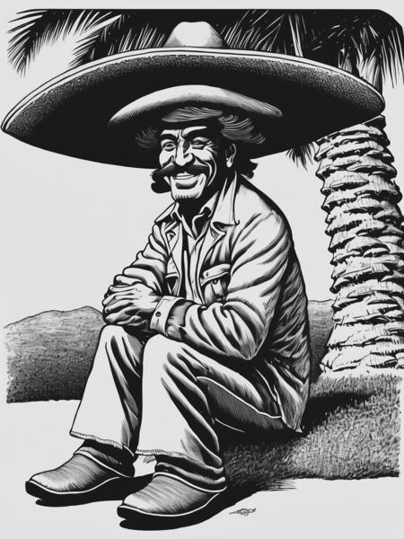 <lyco:RobertCrumb:1.0> A Seated Mexican with his head tilted forward in a sombrero de charro under a Palm Tree in Robert Crumb Style as a Black & White Cartoon