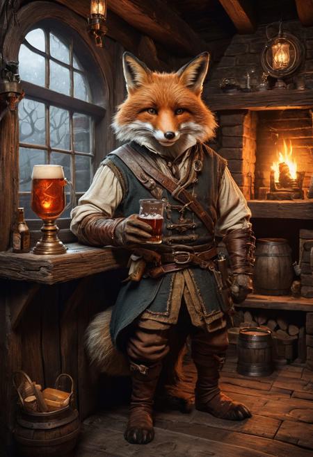 fantasy anthropomorphic a fox warrior in dark tavern holding a pint of ale in a cozy environment with gas lamps rustic wood warm brick fireplace and frosted glass windows