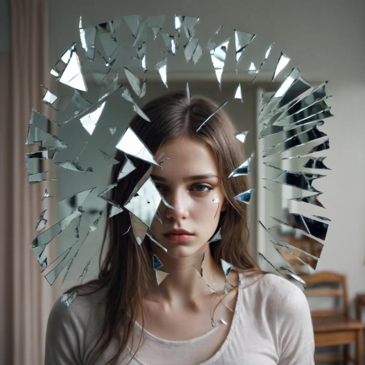 A young woman with glass shards in her hair.