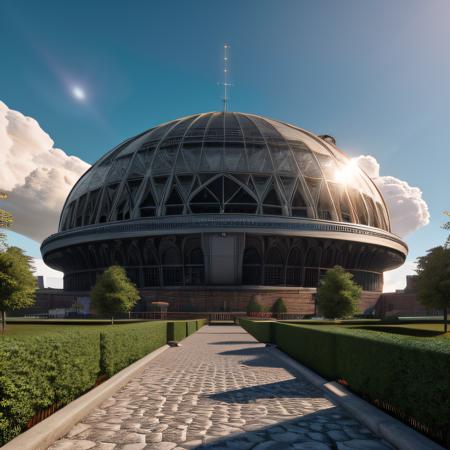 skydome building, architecture, cloud, neogothic, hellenic, steampunk, cathedral <lora:EnvyElvishArchitectureXL01:1>, realistic, 8k, raytracing, hdr, photograph, cinematic color grading, radial, fantasy, scifi