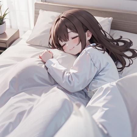 best quality, ultra-detailed, illustration, smile, 1girl, solo,
futon, brown hair, closed eyes, shirt, white shirt, sleeping, lying, pillow, on side, long sleeves, long hair, blanket, comforter, closed mouth, 
 <lora:goodsleep_SD15_V3_DIM4:0.8>