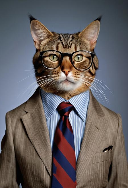 Feline in glasses with make-up, in strict british silk businesssuit, blazer and huge striped tie, buttoned up, Close-up portrait, color portrait, Linkedin profile picture, professional portrait photography by Martin Schoeller, by Mark Mann, by Steve McCurry, bokeh, studio lighting, canon lens, shot on dslr, 64 megapixels, sharp focus