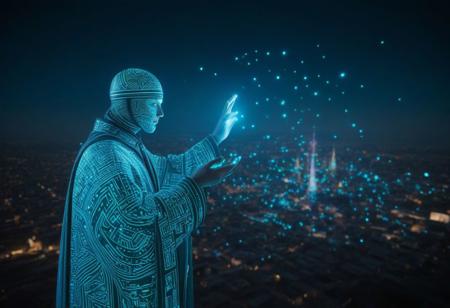 a bustling futuristic city, where neon lights illuminate the night sky. The air crackles with energy as advanced holographic displays showcase the marvels of technology.
a mysterious figure the Technomage. Clad in robes adorned with circuit patterns, the Technomage possesses a staff crackling with intricate digital sigils. With a wave of their hand, they conjure a mesmerizing display of luminous particles and glowing symbols, shaping them into intricate shapes and forms.
The Technomage is a master of merging technology and magic seamlessly. They tap into the underlying currents of data and energy, manipulating them to create awe-inspiring illusions. With a flick of their wrist, buildings shift and morph, transforming into ethereal structures that defy imagination. Birds made of light dance in the sky, leaving trails of iridescent stardust in their wake.
Technomage turns to us, a knowing smile playing on their lips.