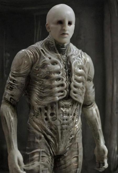 Engineer1024, cinematic movie still of the Prometheus movie by Ridley Scott, a bald pale semi-alien male with black eyes, ivory bio-metallic-bone armor inspired by H. R. Giger, extremely detailed pale skin with visible respiratory pores, in a dynamic pose,
extremely high quality RAW photograph, exquisite details and textures, highly detailed, ultra detailed photograph, dramatic cinematic lighting, 4k,
highest resolution, (bokeh:1.3), (best quality, masterpiece:1.3), ultra high res, 16k unity wallpaper, intricate details, highest detailed, sharp focus, extreme shadow-play, low key, backlit, (filmgrain:1.3)
dramatic full body shot, wide angle view
ancient ruins of an otherworldly alien planet , dusty atmospheric haze, mesmerizing fog, dark pastel colors
<lora:add-detail-xl:1> <lora:xl_more_art-full_v1:0.5>  <lora:Engineer1024:0.6>