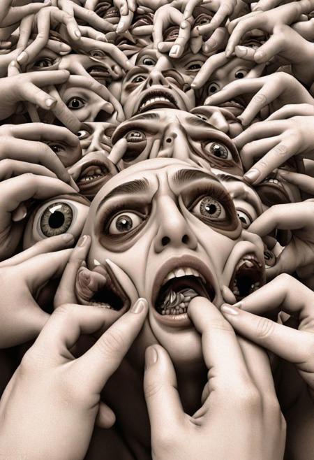 Mc Escher style,  tits mouth fingers teeth eyeballs