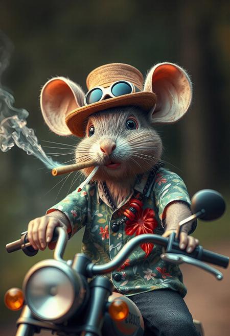 (HD, masterpiece, best quality, ultra detailed), fir needle style, pg-rated, an absurd mouse, and aloha shirt and top hat outfit give a sense of lack of taste. He rides a Harley Davidson and smokes a cigarette and gets earrings. (from below:1.3), made out of fir needles, add-detail-xl <lora:add-detail-xl.safetensors:0.8:0.8>
