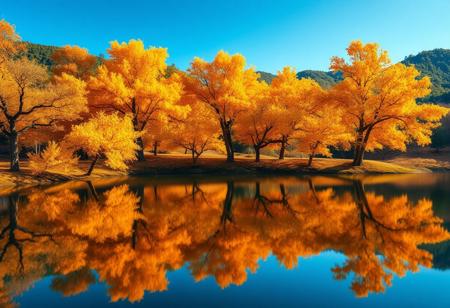 Stunning detail reflection of golden and orange katsura trees around a natural round lake, autumn, realistic, wide shot, art style of Studio Ghibli, magical, whimsical atmosphere, vibrant colors, beautifully lit, serene landscape