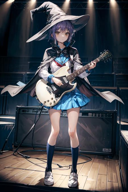 (masterpiece),(best quality), <lora:NagatoYuki:0.8>, yuki,witch hat, witch cape, summer uniform, kneehighs, guitar, playing instrument, standing, blank eyes, inexpressive face,  lighting projection, stage, stage scene, <lora:Adddetail:0.8>