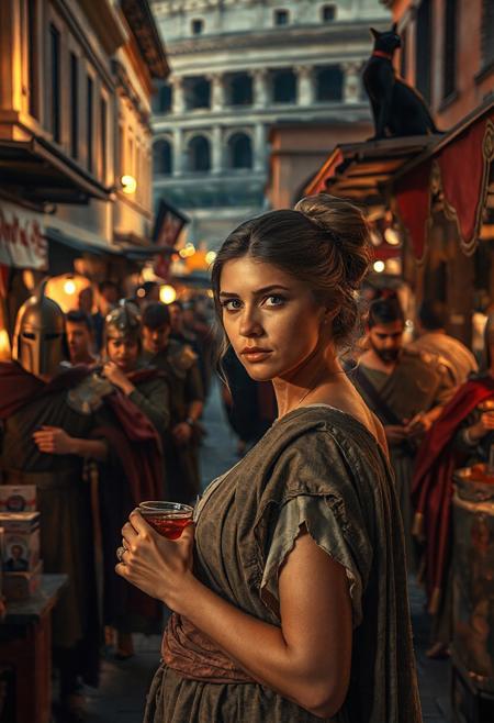 Setting is a 1st century Roman Empire market in Rome at night, the market is comprised of street vendors selling, food, weapons, and clothing. Everyone and everything in the image is appropriate for a scene from Ancient Rome, People wearing Roman clothing are walking through the street market shopping and eating, in the foreground is a merchant selling beverages and food at a market kiosk, (((a beautiful woman, 24 years old is standing in the foreground, the woman  facing the viewer with a cup of alcohol beverage in her hand. Her eyes are beautiful and focused on the viewer, she has an expression of interested curiosity))), Roman Soldiers are walking behind the beautiful woman, one of the solders turns to look at the beautiful woman, many people are walking by in the busy street market, the woman is dressed in high fashion Roman Empire clothing with an alluringly sexual, but traditional roman aesthetic. The woman's hair is elegantly tied up with a ribbon. Artistic ancient Roman aesthetic, dynamic perspective, (((overall architectural aesthetic is Ancient Rome in 1st Century Roman Empire era))).  Epic image that elicits a feeling of wonder and awe, Rome Coliseum Roman Forum architecture in background, a sleek black cat with red collar is visible sitting on a kiosk roof in the background,