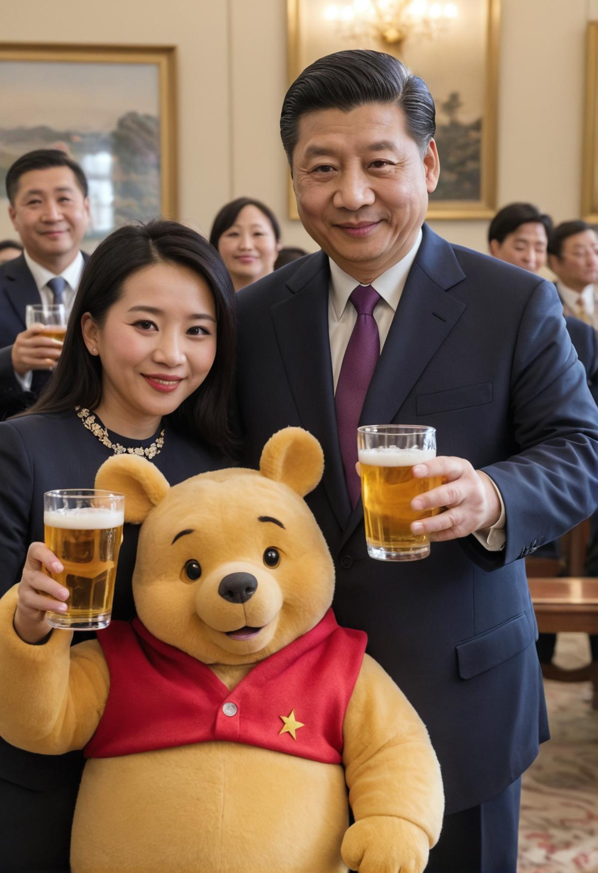 A man and a woman in suits hold glasses of beer next to a stuffed teddy bear.