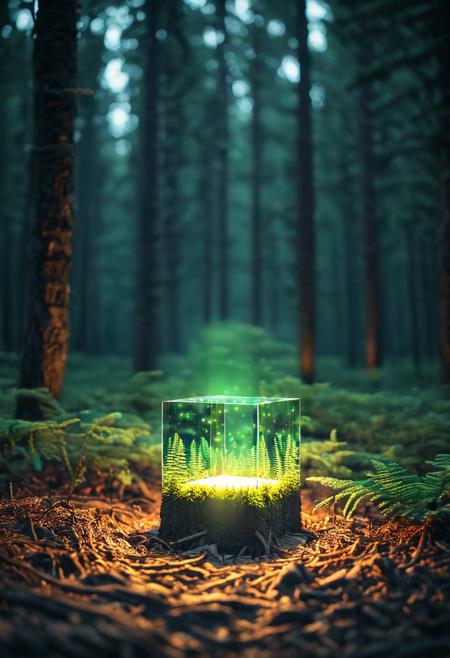 Glowing square shape in forest, depth of field